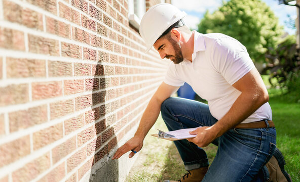 man with a white hard hat holding a clipboard, inspect house