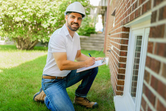 Man With A White Hard Hat Holding A Clipboard, Inspect House