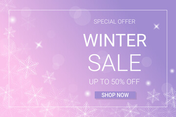 Winter sale horizontal banner template. Discount text on pink and purple gradient background with snowflakes and frame 