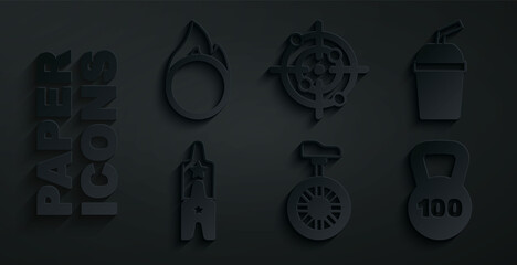 Set Unicycle or one wheel bicycle, Paper glass with water, Circus ticket, Weight, Target sport and fire hoop icon. Vector © Kostiantyn