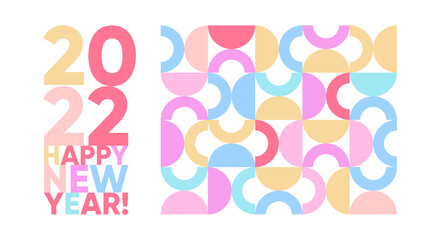 Happy New Year 2022 web banner design, poster or banner, in boho bauhaus style. 2022 Minimal geometric style logo. 2022 number design template. Clean bauhaus 2022 poster with colorful abstract print.