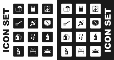 Set Rubber cleaner for windows, Vacuum, Brush cleaning, Toilet paper roll, Home service, Bucket, Dishwashing liquid bottle and icon. Vector