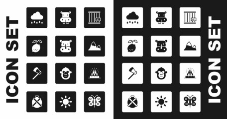 Set Animal cage, Rhinoceros, Lemon, Cloud with rain, Mountains, Hippo or Hippopotamus, Chichen Itza Mayan and Wooden axe icon. Vector