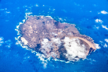 An aerial view of the volcanic island Isla de Alegranza off the Canary Island of Lanzarote.