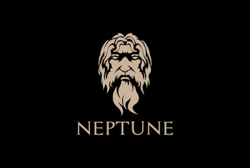 Vintage Greek Old Man Face God Zeus Triton Neptune Philosopher with Beard and Mustache Logo Design Vector