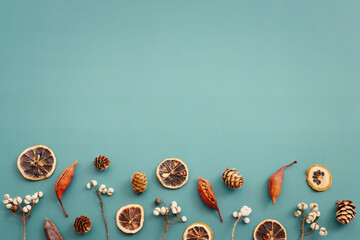 Top view image of autumn forest natural composition over green background .Flat lay