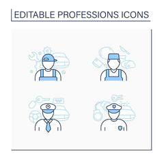 Professions line icons set. Taxi driver, policeman, auto mechanic, butcher. Various professions. Important jobs. Career concept. Isolated vector illustrations.Editable stroke