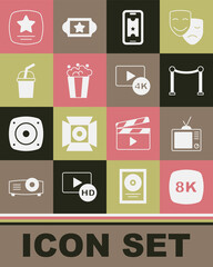 Set 8k Ultra HD, Retro tv, Rope barrier, Buy cinema ticket online, Popcorn cardboard box, Paper glass with water, Walk of fame star and Screen 4k icon. Vector