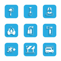 Fototapeta premium Set Fire extinguisher, Road barrier, truck, exit, Burning car, Firefighter and axe icon. Vector