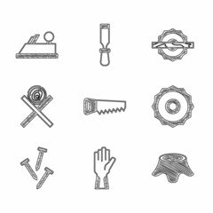 Set Hand saw, Protective gloves, Tree stump, ircular blade, Metallic nails, Wooden logs on stand, Electric circular and plane tool icon. Vector