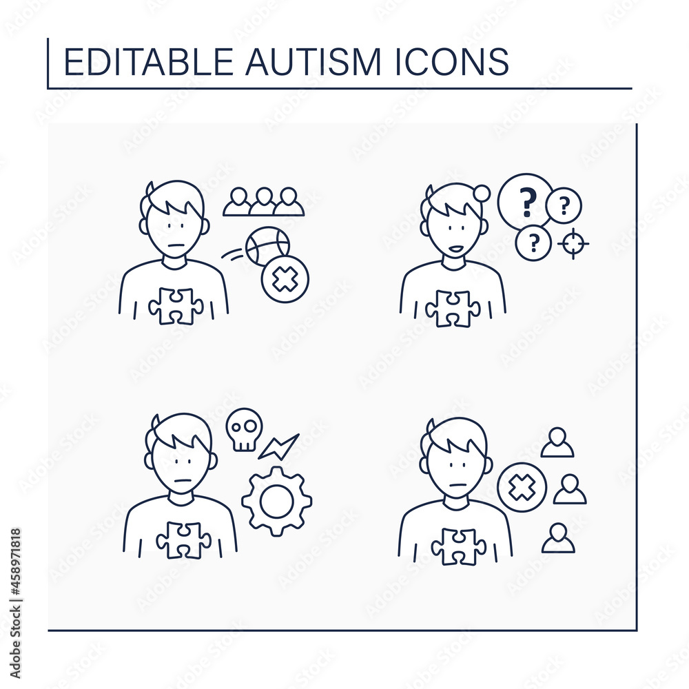 Poster autism spectrum disorder line icons set. not engaging in play with peers, self abusive behaviors, so