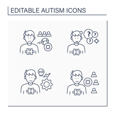 Autism spectrum disorder line icons set. Not engaging in play with peers, self abusive behaviors, social withdrawal.Neurodevelopmental disorder concept. Isolated vector illustration.Editable stroke