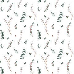 Seamless winter pattern with twigs and branches, leaves, red berries, snowballs on white background. Endless botanical background for wrapping paper, scrapbooking, gift wrapping, textile, decorations