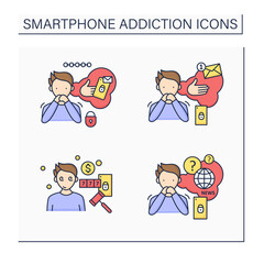 Smartphone addiction color icons set. Nomophobia, textaphrenia, online compulsions. Overwhelmed concept. Isolated vector illustrations