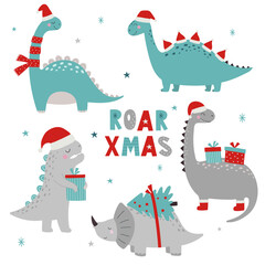 Set of Christmas dinosaurs. Roar Xmas. Dino Xmas.  Vector illustration of funny character in cartoon flat style.