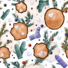 Seamless winter pattern with fir-tree branches, snowballs, Christmas toys, woodcut rings, knitted socks, and mittens on white background. Endless botanical background for wrapping paper, scrapbooking