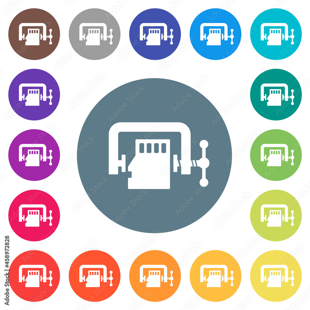 Poster micro sd memory card compress solid flat white icons on round color backgrounds