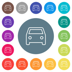 Single old car front view outline flat white icons on round color backgrounds