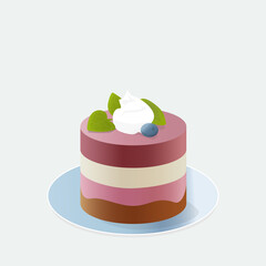 Simple delicate cake with whipped cream, blueberry, decorated with leaves. Purple cupcake on plate with berry and cream. Flat, minimalistic design