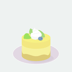 Light simple delicate cake with whipped cream, blueberry, decorated with leaves. Cupcake on plate with berry and cream. Flat, minimalistic design