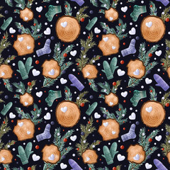 Seamless winter pattern with fir-tree branches, snowballs, Christmas toys, woodcut rings, knitted socks, and mittens on dark background. Endless botanical background for wrapping paper, scrapbooking