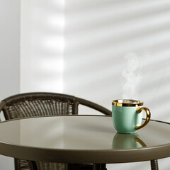 Glass round table on a background of a white wall with a shadow and Christmas decorations on a winter morning 