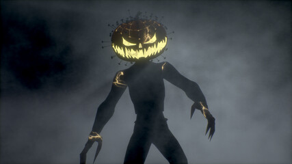 Scary monster with a pumpkin head walks in the fog. Halloween concept.
