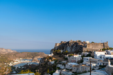 Castle of Chora (Fortezza) with Kapsali bay at the background, Kythera island, Greece