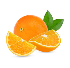 Orange fruit with orange slices and leaves isolated on white background .