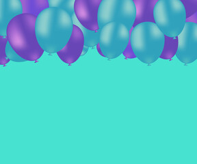 Beautiful turquoise background with turquoise and purple flying balloons. Background with space for text