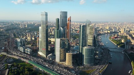 Aerial view of Moscow, Russia. Cityscape with business centre, traffic and river