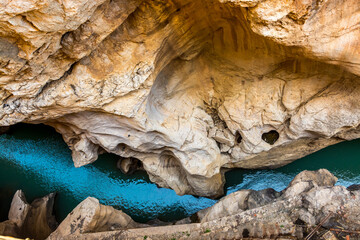 On the Caminito del Rey. Aerial view of the narrow and vertiginous canyon of the gorges of the Gaitanes