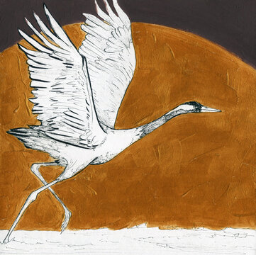 Pencil drawing of a crane. Acrylic background. Gold and black paint. Poster.
