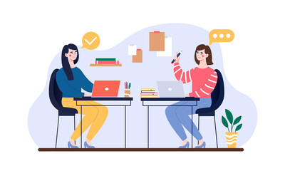 Office workers perform tasks. Women sit at workplace and discuss details of project. Employees fulfilled order. Colleagues communicate. Cartoon flat vector illustration isolated on white background