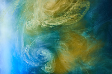 Earth colors abstract background, colorful smoke paint underwater, swirling ink in water, exoplanet blue yellow sea ocean