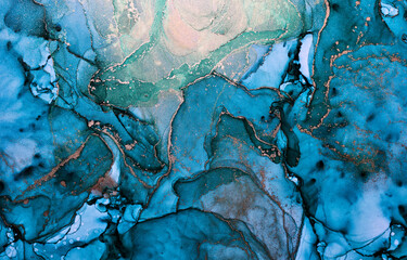 Luxury abstract background in alcohol ink technique, indigo blue gold liquid painting, scattered...