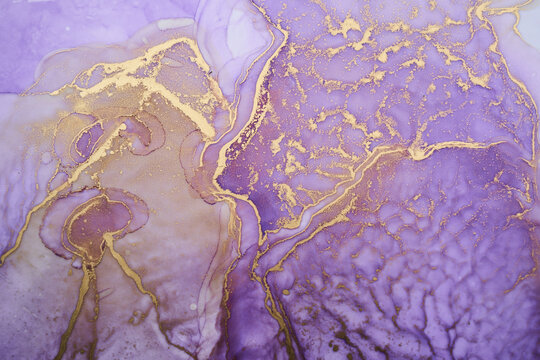 Luxury Abstract Background In Alcohol Ink Technique, Purple Gold Liquid Painting, Scattered Acrylic Blobs And Swirling Stains, Printed Materials