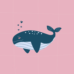 Cute cartoon blue whale with hearts on a pink background. Wild ocean animals hand drawn vector illustration. Adorable isolated baby character in flat style.