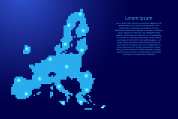 European Union map silhouette from blue square pixels and glowing stars. Vector illustration.