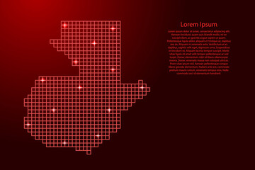 Guatemala map silhouette from red mosaic structure squares and glowing stars. Vector illustration.