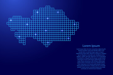 Kazakhstan map silhouette from blue mosaic structure squares and glowing stars. Vector illustration.