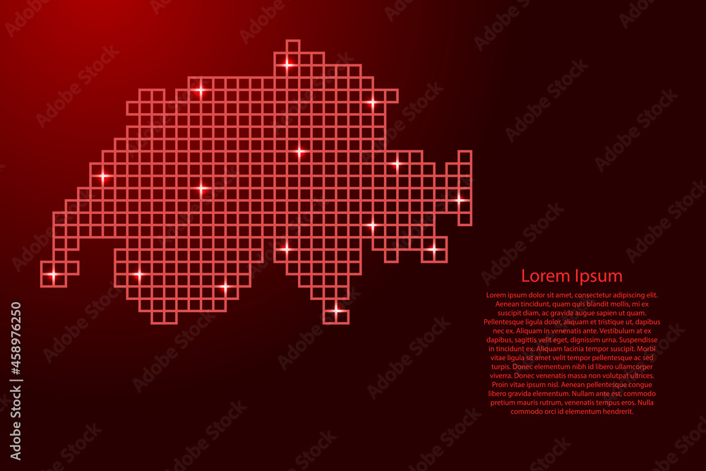 Wall mural switzerland map silhouette from red mosaic structure squares and glowing stars. vector illustration.