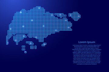 Singapore map silhouette from blue mosaic structure squares and glowing stars. Vector illustration.