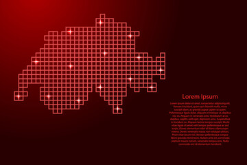 Fototapeta premium Switzerland map silhouette from red mosaic structure squares and glowing stars. Vector illustration.