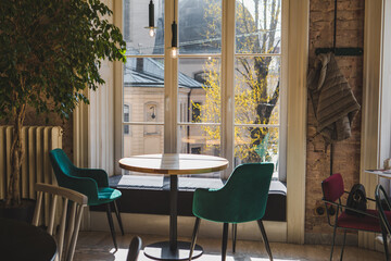 empty table in cafe near window