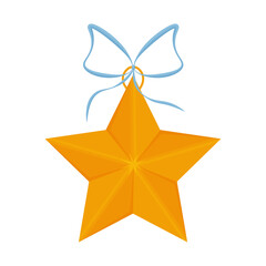 Star. A bright Christmas tree toy in the form of a golden star with a blue ribbon. New Year s toy for a festive Christmas tree. Christmas accessory. Vector illustration isolated on a white background