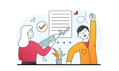 Signed business contract. Man happy about new employment contract. Metaphor for career opportunities. Effective partnership. Cartoon doodle flat vector illustration isolated on white background