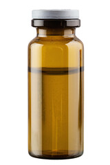 Bottle with liquid medicine. Transparent brown vial with lid. Stop your virus today. File contains clipping path.