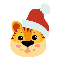 Muzzle of a Cute tiger. Symbol of the new year. Year of the tiger. Tabby kitten in a santa hat. Vector illustration isolated on white background.