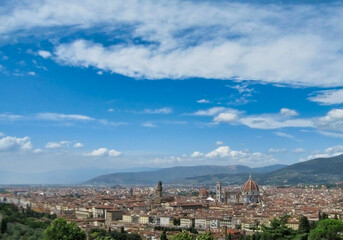Panorama of the historic part of Florence. Churches, houses, river, sky and hills. Tuscany. Italy. Europe